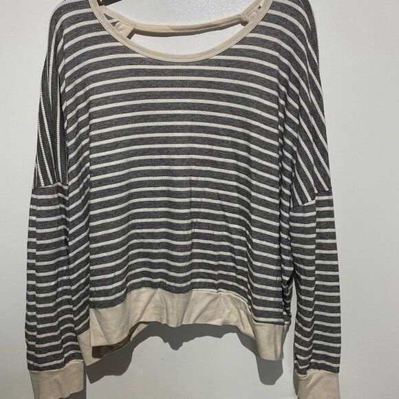 By Together Women's Gray Cream Stripe Open Back Long Sleeve Blouse Size Large - Picture 1 of 10